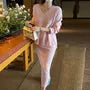 Set: V-Neck Plain Sweater + High Waist Midi Pencil Knit Skirt