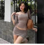 Set: One-Shoulder Short-Sleeve Plain Crop T-Shirt + Low Rise Shirred Mini Pencil Skirt