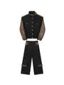 Set: Stand Collar Panel Faux Leather Button Denim Jacket + Mid Rise Straight Leg Jeans