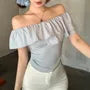 Short-Sleeve Off-The-Shoulder Plain Ruffle Crop Tee