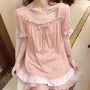 Pajama Set: Short-Sleeve Square Neck Lace Trim Top + Shorts