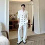 Set: 3/4-Sleeve Notch Lapel Double-Breasted Plain Blazer + Mid Rise Wide Leg Dress Pants