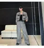 Set: Shawl Collar Melange Panel Faux Leather Open Front Jacket + Mid Rise Wide Leg Pants