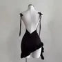 Spaghetti Strap Plain Open Back Ruffle Asymmetrical Mini Bodycon Dress