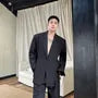 Set: Lapel Collar Plain Slit Button Blazer + Mid Rise Plain Dress Pants