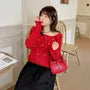 [XL-4XL] Long-Sleeve Square Neck Beaded Plain Knit Top