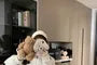 Pajama Set: Stand Collar Dotted Fleece Zip Jacket + High Waist Straight Leg Pants