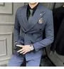 Set: Peak Lapel Striped Double-Breasted Blazer + Mid Rise Cropped Tapered Dress Pants