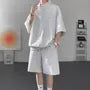 Set: Elbow-Sleeve Henley Plain Oversized T-Shirt + Mid Rise Plain Shorts