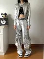 Band Collar Plain faux Leather Zip Jacket / Crop Camisole Top / Mid Rise Wide Leg Cargo Pants / Belt / Set