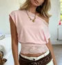 Short Sleeve Cold Shoulder Lace-Trim Plain Slim-Fit Crop Top