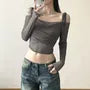 Long Sleeve Tie-Strap Off-Shoulder Plain Mesh  Crop Top