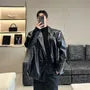 Peak Lapel Plain Faux Leather Double-Breasted Blazer