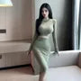 Set: Long-Sleeve Plain Crop Knit Top + High Waist Midi Pencil Skirt