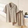 Pajama Set: Short-Sleeve Lapel Collar Argyle Button Top + Lounge Shorts