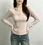 Long-Sleeve Henley Plain Lace Trim Tee