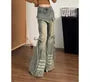 Mock Two-Piece Low Waist Washed Bell Bottom Jeans