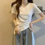 Short-Sleeve V-Neck Plain Ruched Asymmetrical Tee