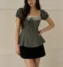 Puff Sleeve Square Neck Lace Panel Tie-Front Slim-Fit Top