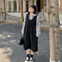 [XL-4XL] Set: Striped Hoodie + Scoop Neck Half-Buttoned Plain Midi Overall Dress