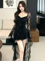 Long-Sleeve V-Neck Asymmetrical Ruffle Trim Lace High Low Dress