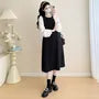 Maternity Mock Two-Piece Long-Sleeve Two Tone Midi A-Line Dress