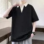 Mock Two-Piece Elbow-Sleeve V-Neck Collared Two Tone T-Shirt