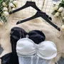 Detachable Strap Plain Rhinestone Peplum Panel Mesh Bustier Top