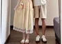 Couple Matching Spaghetti Strap Dotted Lace Panel Midi A-Line Dress / Plain Perforated Crop Cardigan / Elbow-Sleeve Crew Neck Panel T-Shirt / Drawstring Waist Wide Leg Shorts / Set