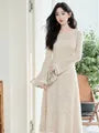 Long-Sleeve Round Neck Plain Lace Maxi A-Line Dress
