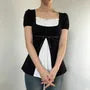 Short Sleeve Square-Neck Color-Block Ruffled-Trim A-Line Top