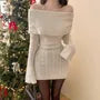 Long Sleeve Off Shoulder Plain Cable Knit Mini Bodycon Dress
