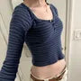 Long Sleeve Half-Button Striped Slim-Fit Crop Top
