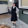 [XL-4XL] Set: Striped Hoodie + Scoop Neck Half-Buttoned Plain Midi Overall Dress