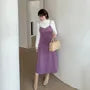 [XL-4XL] Set: Long-Sleeve Turtleneck Lace Top + Spaghetti Strap V-Neck Plain Midi A-Line Dress