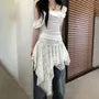 Square-Neck Ruffled-Trim Plain Slim-Fit Crop Tank Top / Low Waist Lace See-Through Asymmetric-Hem Mini Skirt