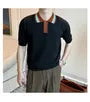 Short-Sleeve Striped Collar Knit Polo Top