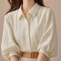 3/4-Sleeve Collared Striped Button-Up Blouse