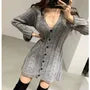 Long-Sleeve V-Neck Plain Cable Knit Button-Up Mini A-Line Dress