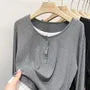 Long Sleeve Mock Two Piece Color-Block Loose-Fit Tee