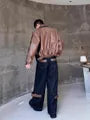 Set: Stand Collar Panel Faux Leather Button Denim Jacket + Mid Rise Straight Leg Jeans