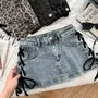 Mid Waist Lace-Up Denim Mini Pencil Skorts