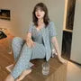 [XL-4XL] Pajama Set: V-Neck Polka Dot Camisole Top + Short-Sleeve Top + Pants