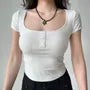 Short-Sleeve Scoop Neck Plain Slim Fit Crop T-Shirt