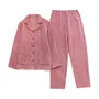Couple Matching Pajama Set: Long Sleeve Collared Plaid Shirt + Elastic Waist Straight Leg Pants (Various Designs)