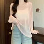 Long-Sleeve Boat Neck Plain Lettuce Edge Sheer T-Shirt