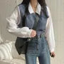Long-Sleeve Collared Mock Two-Piece Two Tone Knit Panel Ribbed Blouse