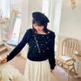 [XL-4XL] Long-Sleeve Square Neck Beaded Plain Knit Top