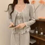 Pajama Set: V-Neck Lace Trim Shirred Camisole Top + Pants + Button-Up Jacket