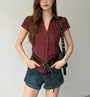 Short Sleeve V-Neck Plaid Slim-Fit Shirt / Polka Dot Shirt